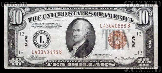 Ten Dollar Bill Hawaii Note Brown Seal US Currency Good or Better - $79.99